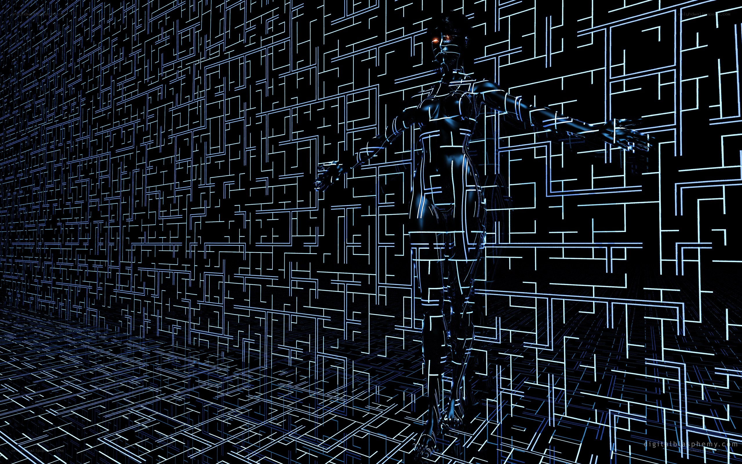 cybernetic figure in digital maze