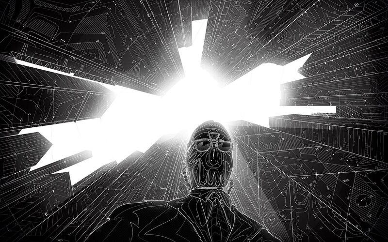 cybernetic figure in digital tunnel