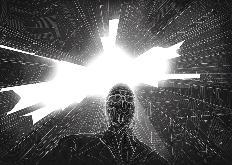 cybernetic figure in digital void