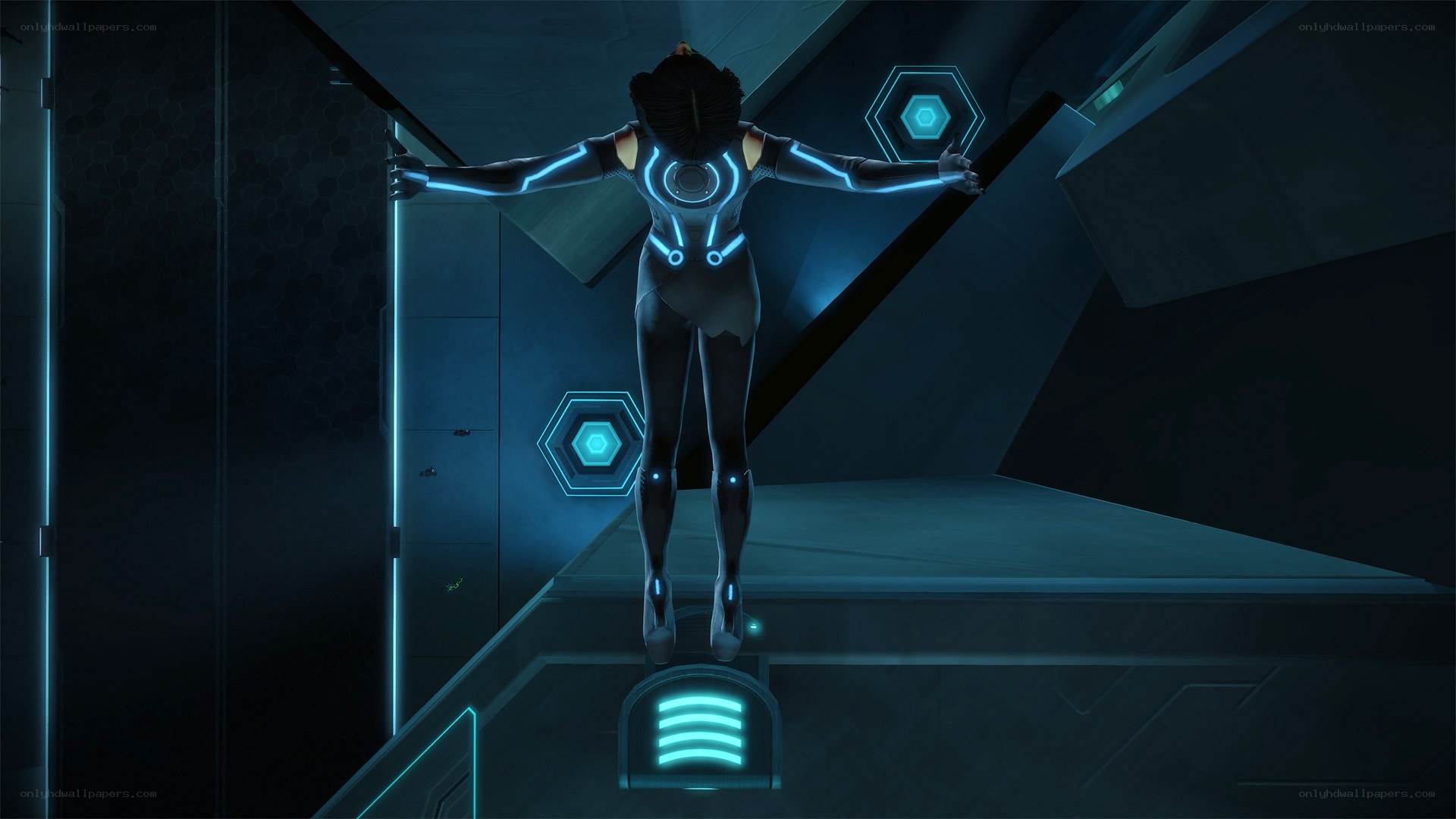 cybernetic figure in futuristic corridor