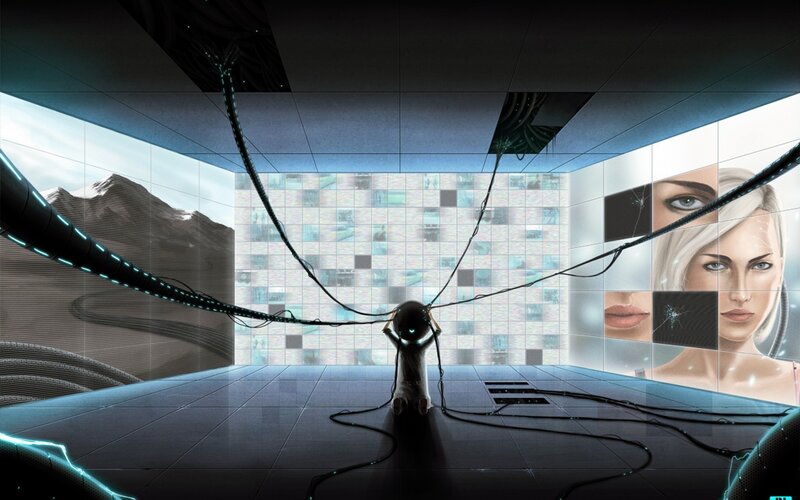 cybernetic figure in futuristic room