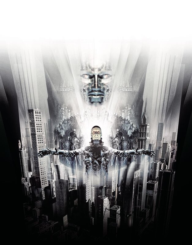 Cybernetic figure over city