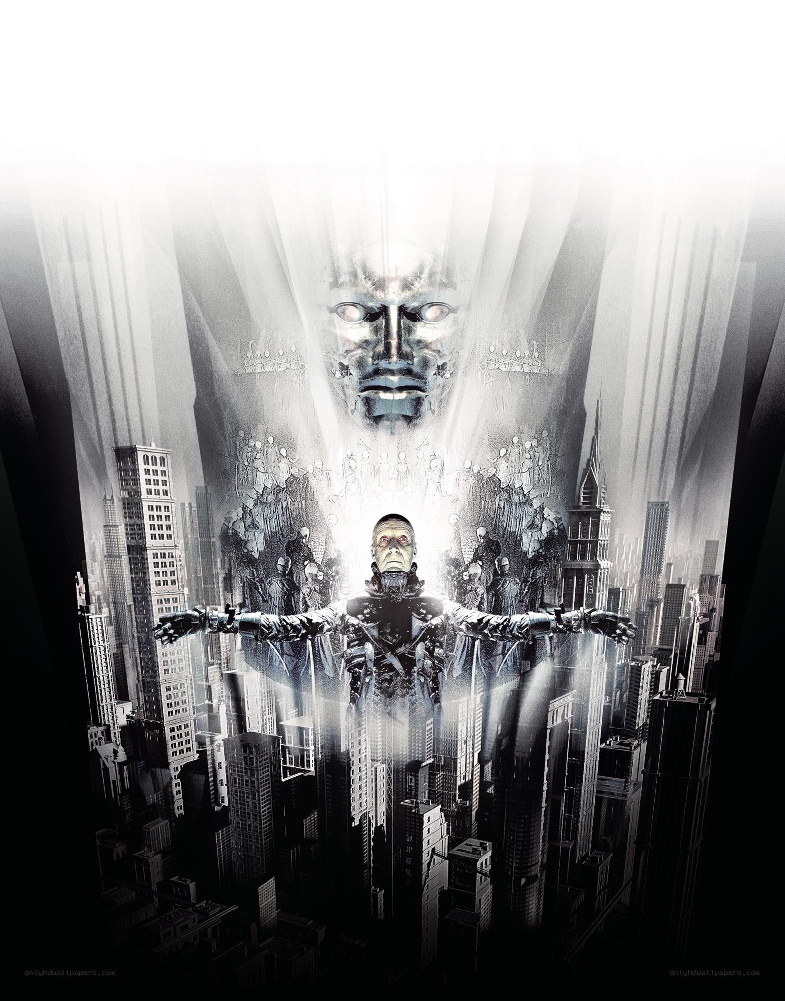 Cybernetic figure over city