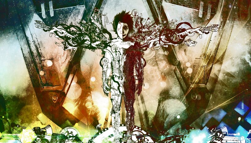 cybernetic figure with mechanical wings