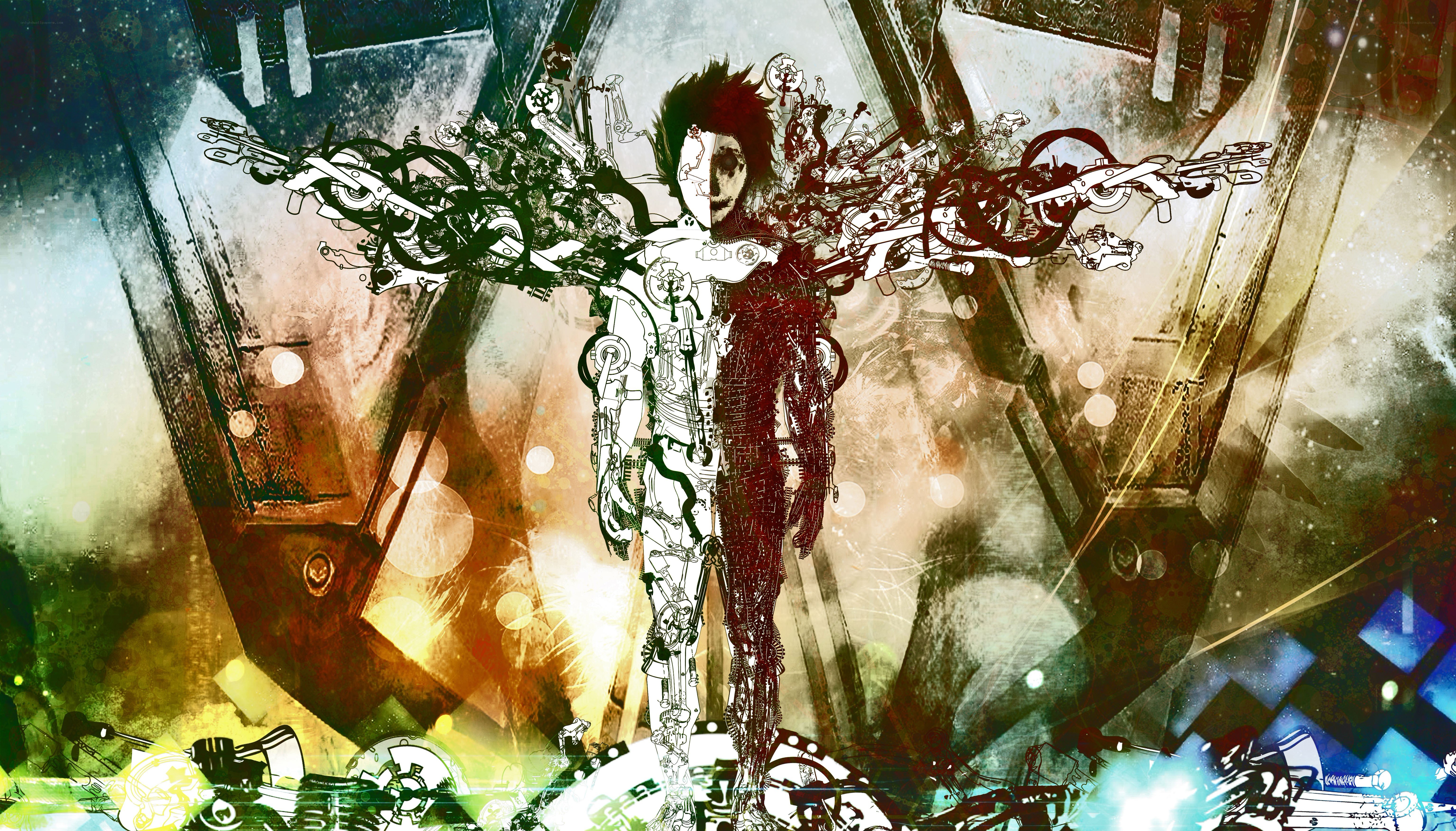 cybernetic figure with mechanical wings