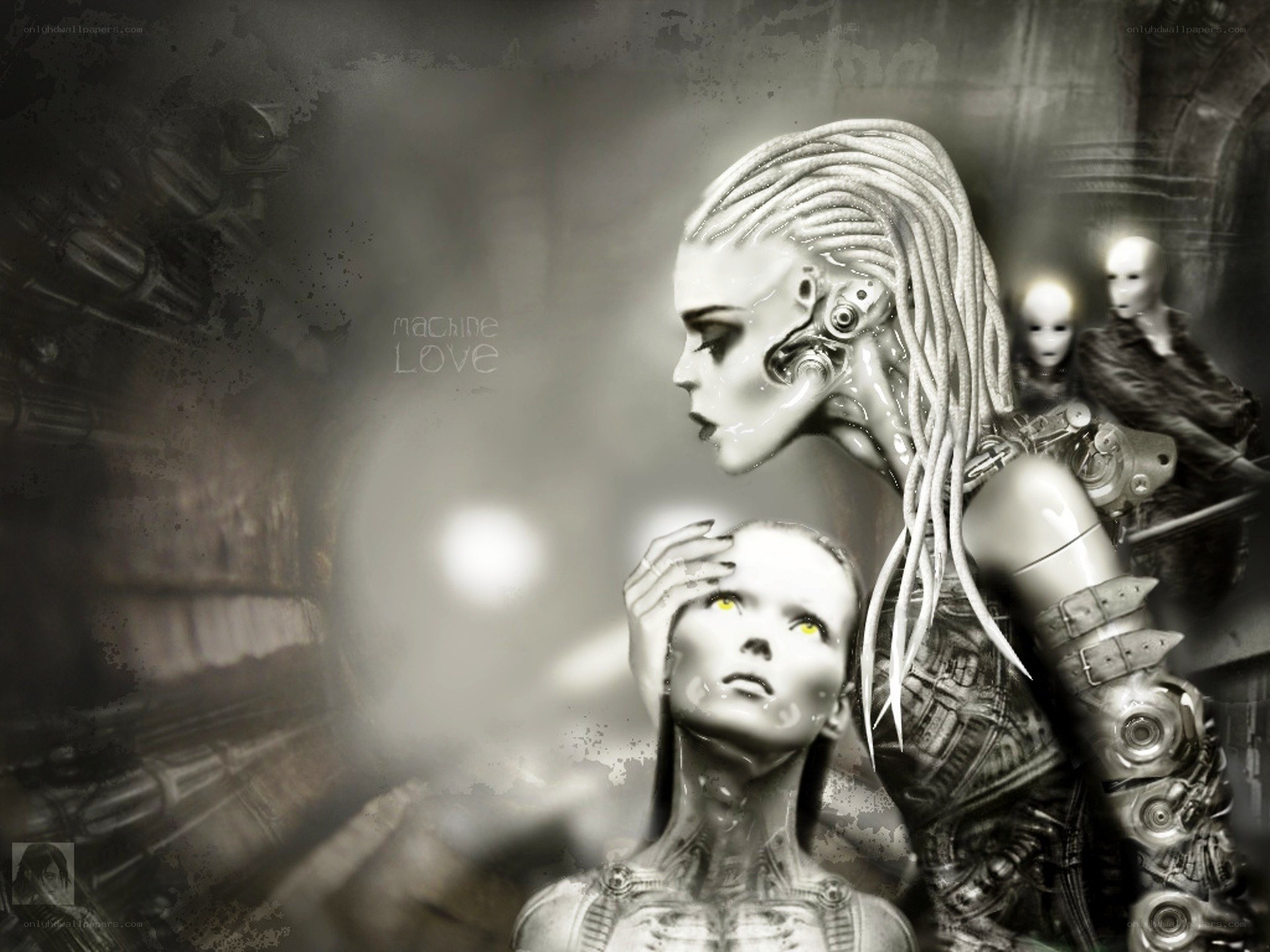 cybernetic figures in dark setting