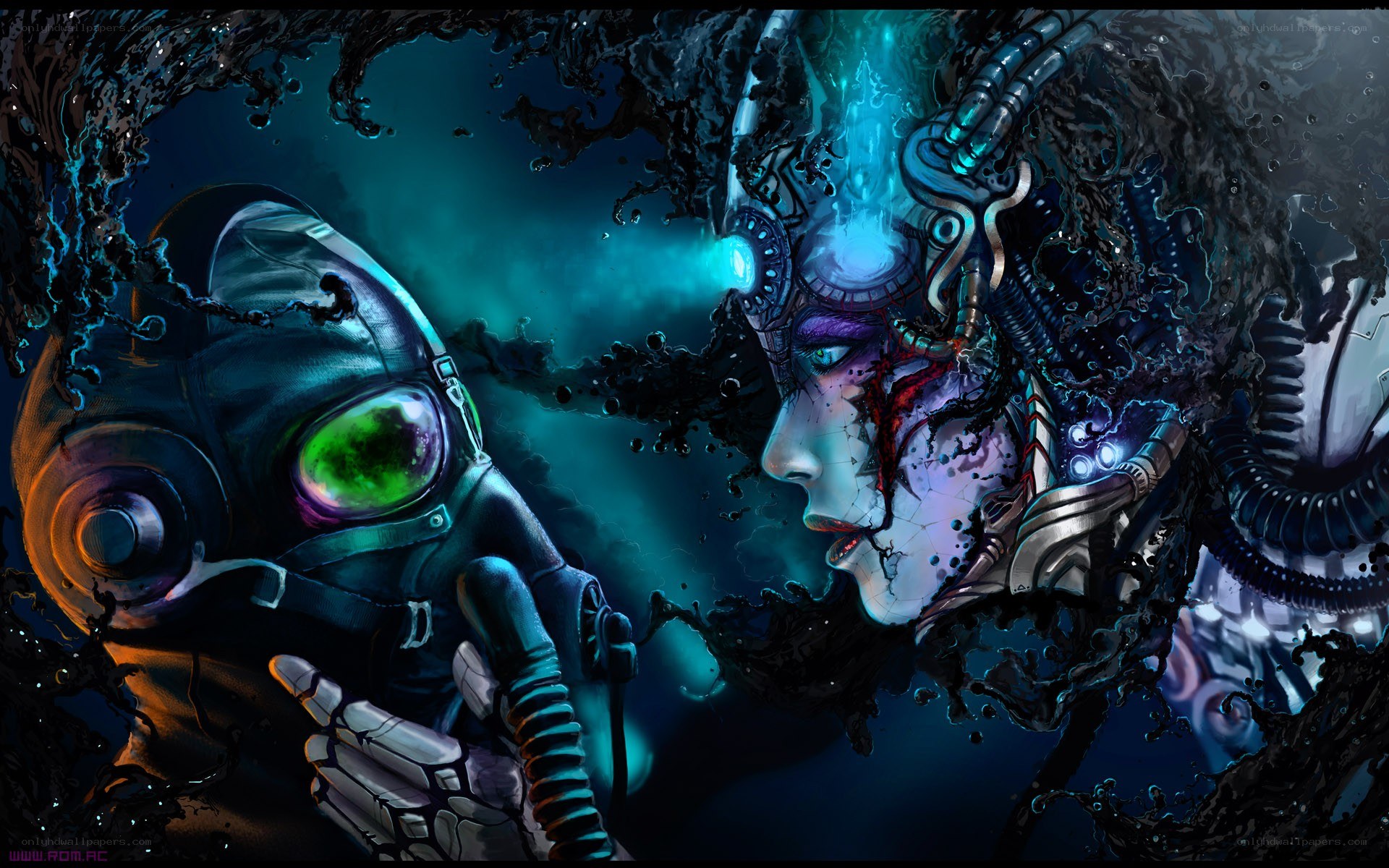 cybernetic figures in dark water