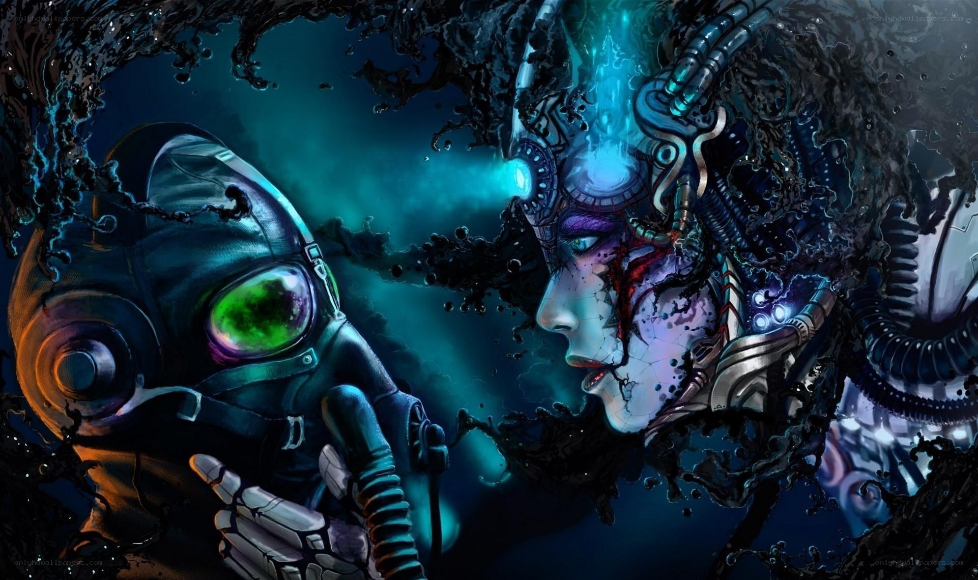 cybernetic figures in dark water