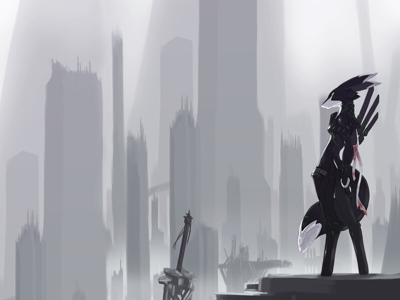 cybernetic fox in a ruined city