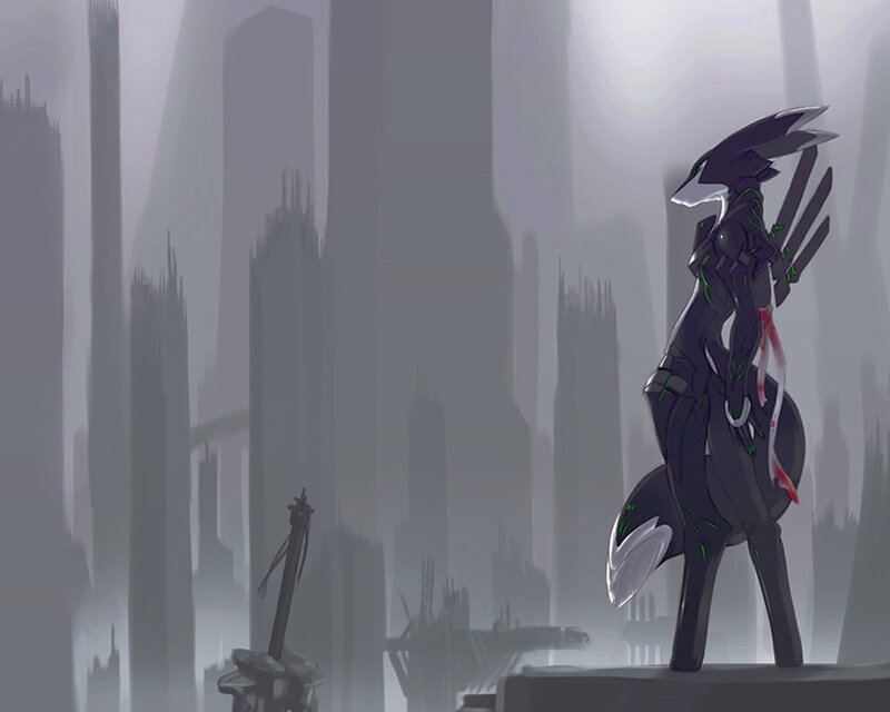cybernetic fox in a ruined city