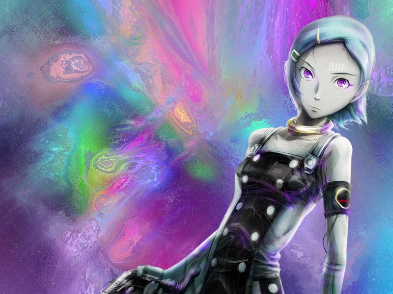 cybernetic girl in colorful background