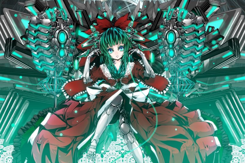 cybernetic girl in red dress