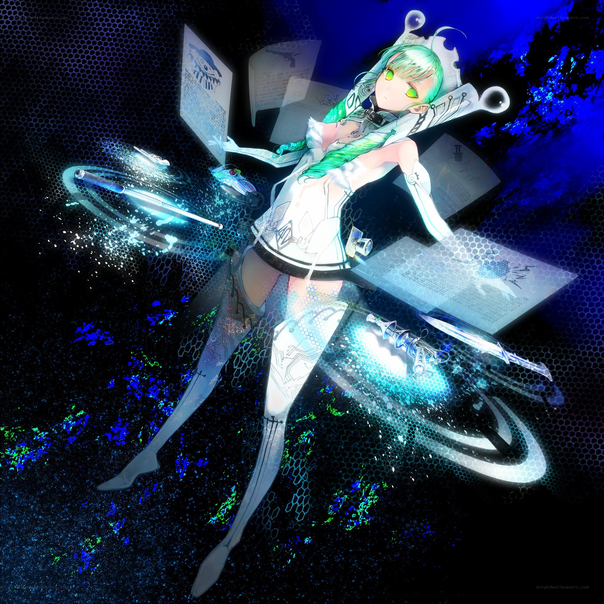 cybernetic girl with glowing weapons