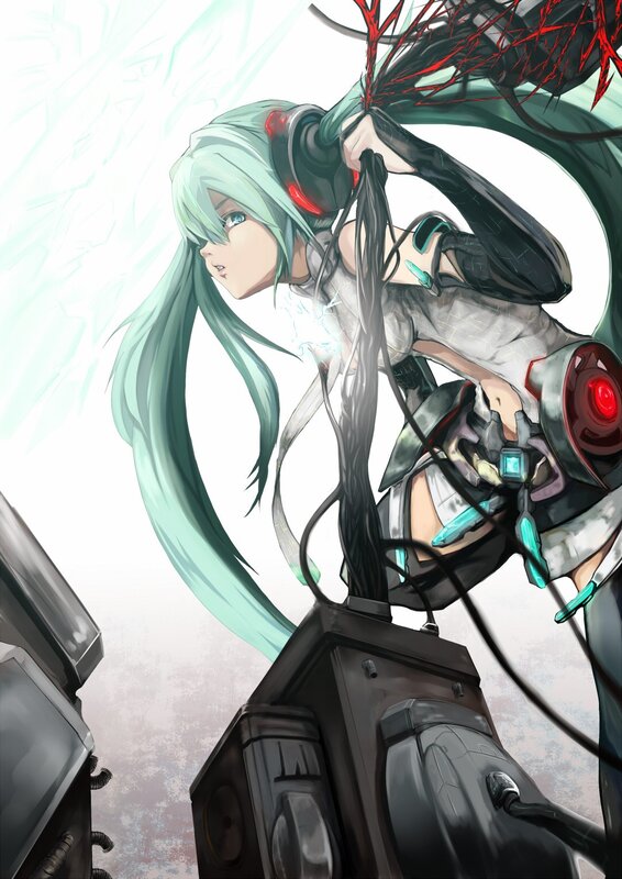 cybernetic girl with green hair