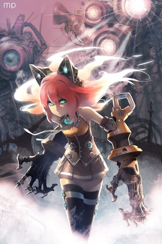 cybernetic girl with mechanical arms
