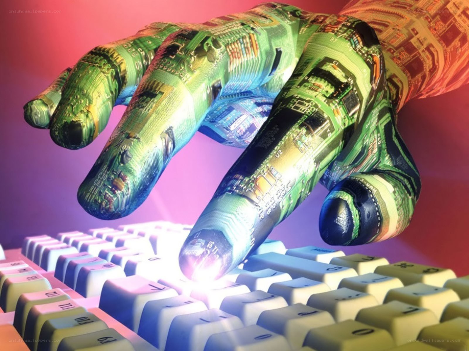 cybernetic hand on keyboard