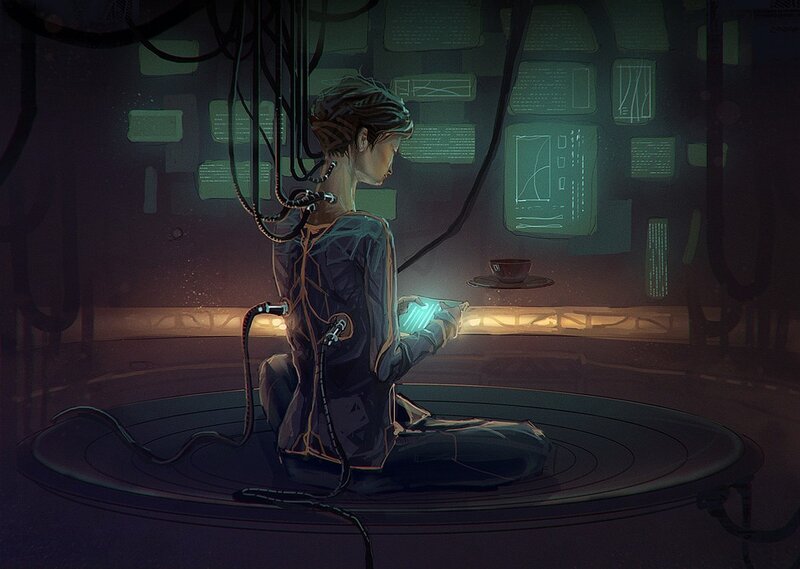 cybernetic person in control room