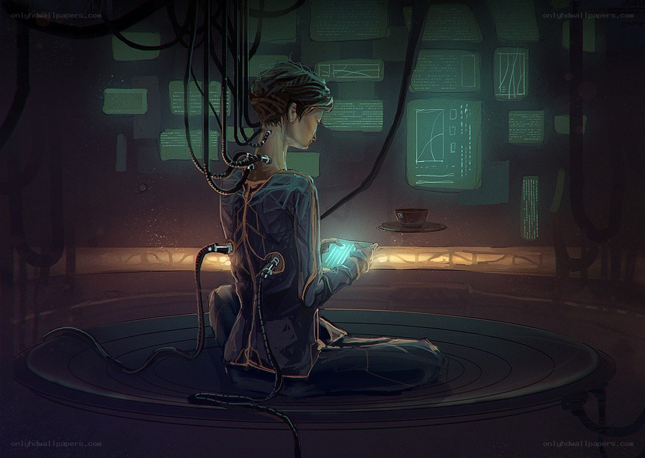 cybernetic person in control room