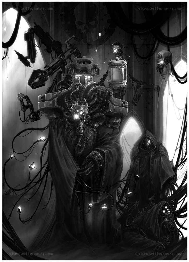 cybernetic priest in dark chamber