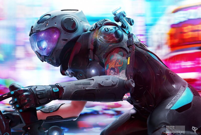 Cybernetic Rider on Motorcycle — Black