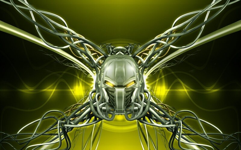 cybernetic skull with glowing wires