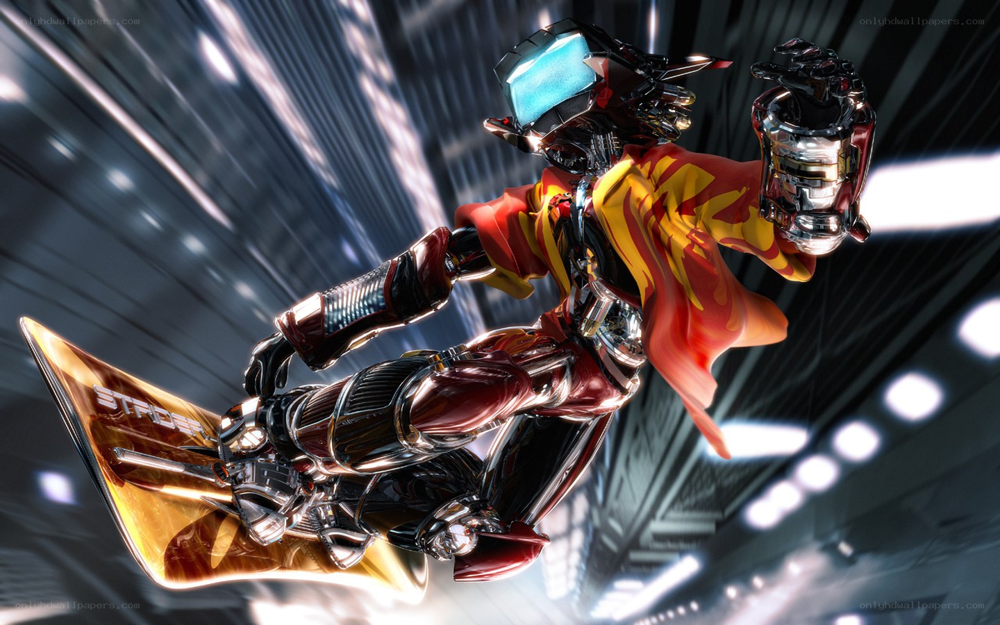 cybernetic snowboarder in motion