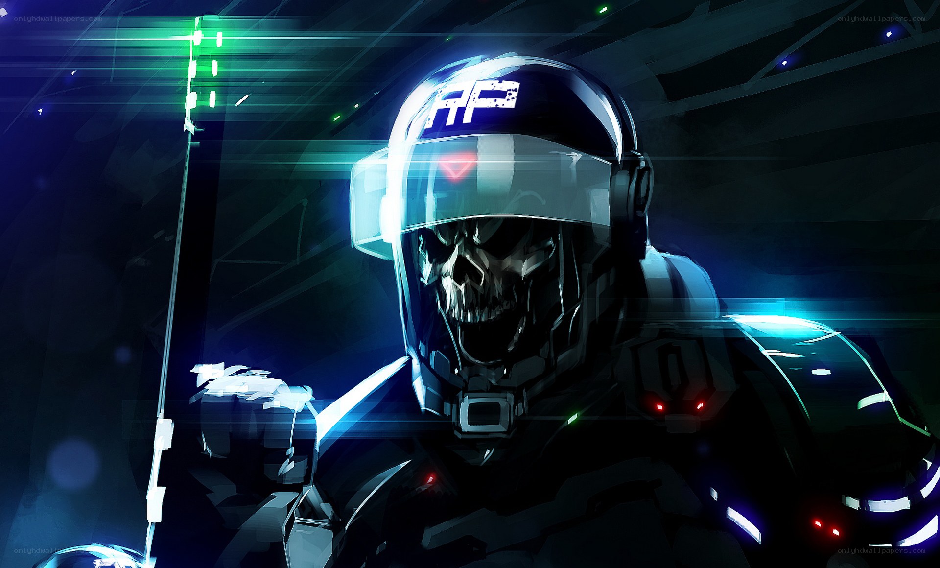 cybernetic soldier with skull helmet