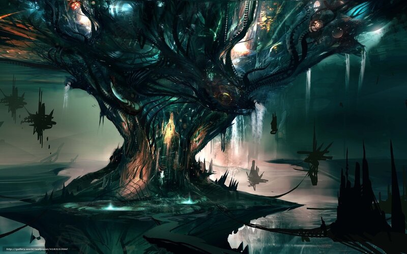 cybernetic tree in alien landscape