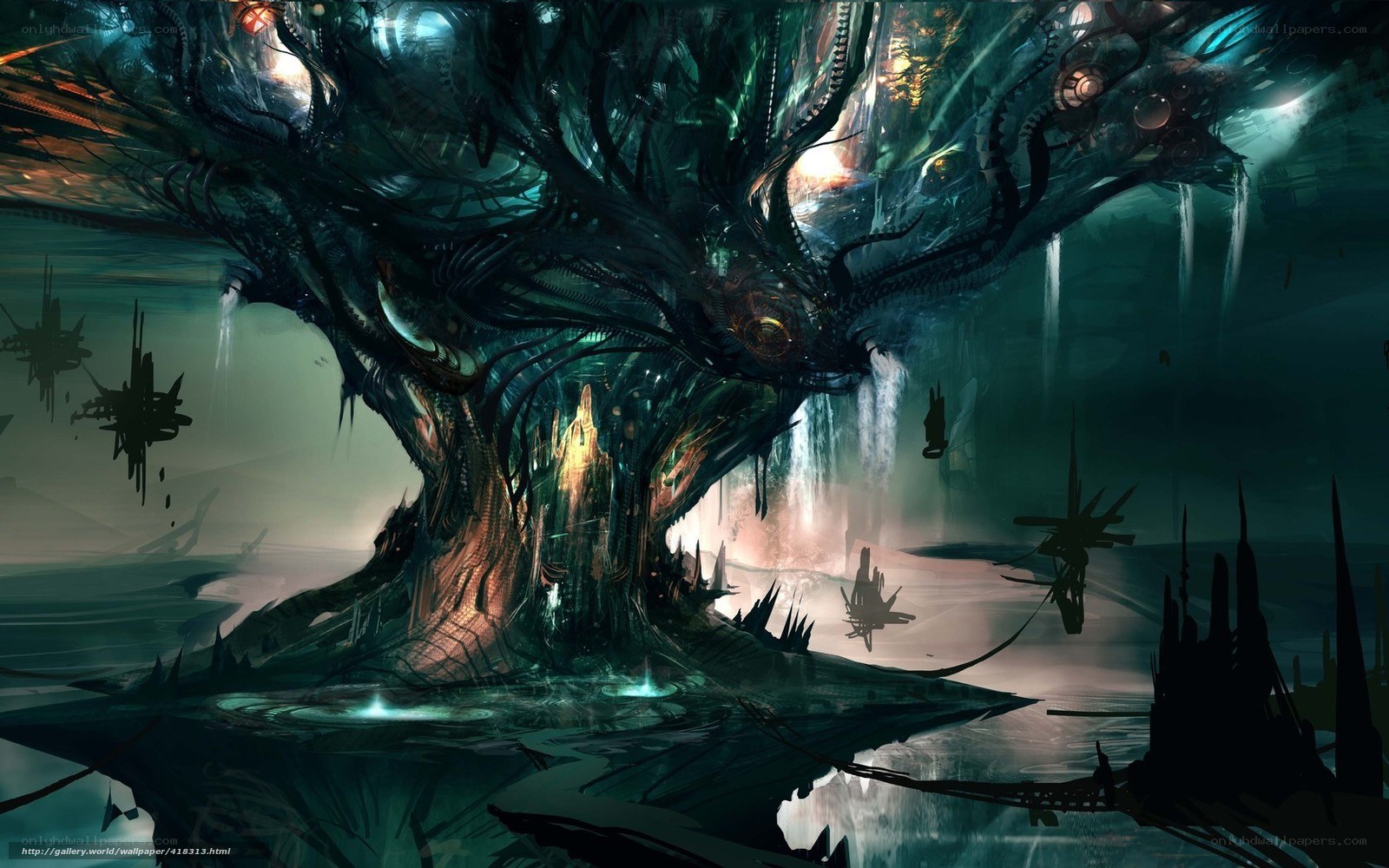 cybernetic tree in alien landscape