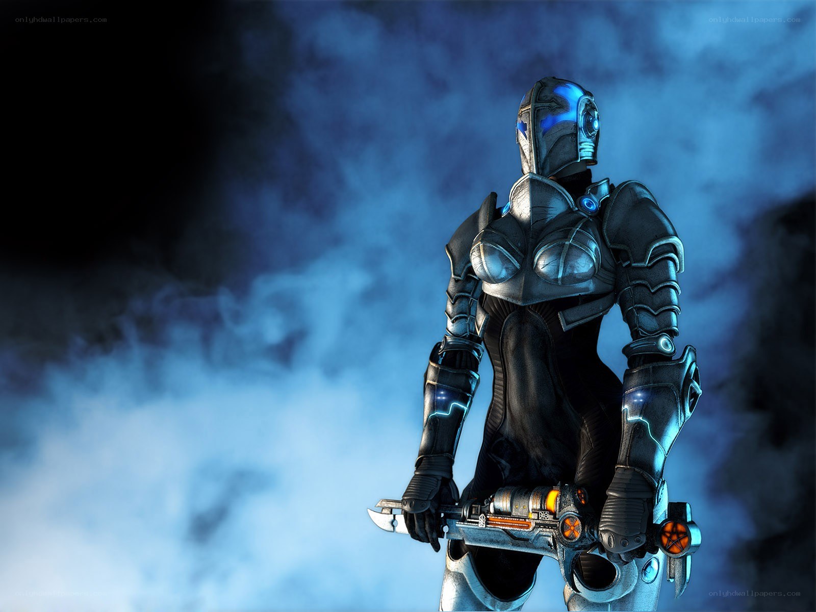 cybernetic warrior in blue mist