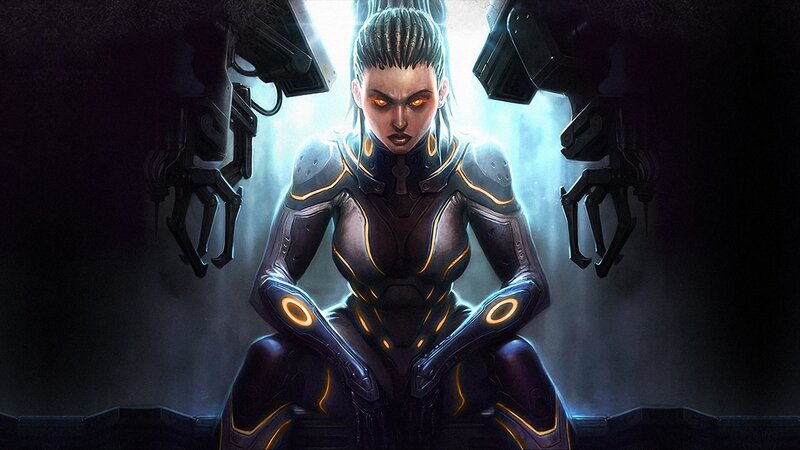 cybernetic warrior in dark armor