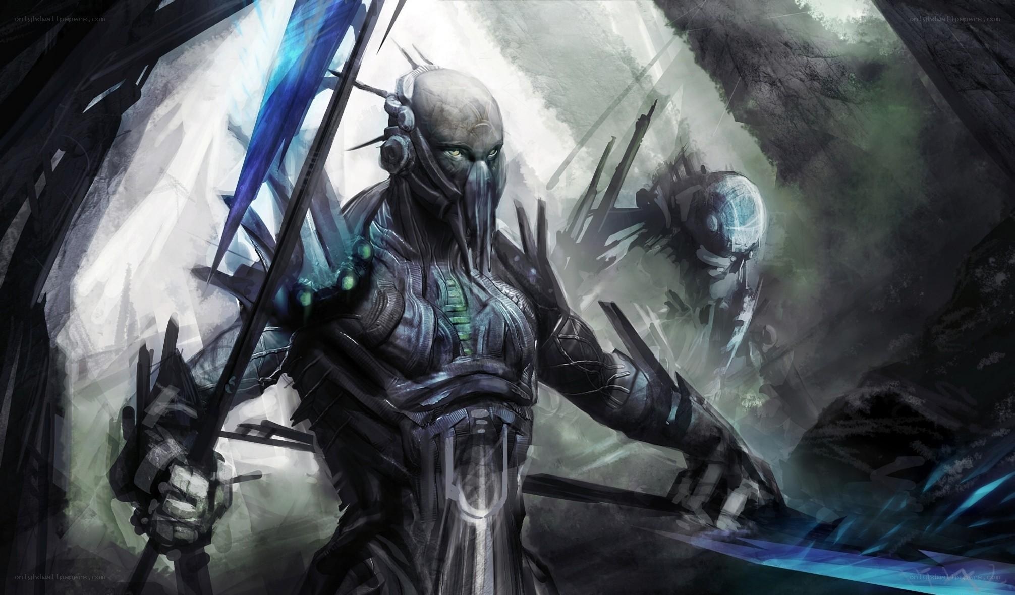 cybernetic warrior in dark cave