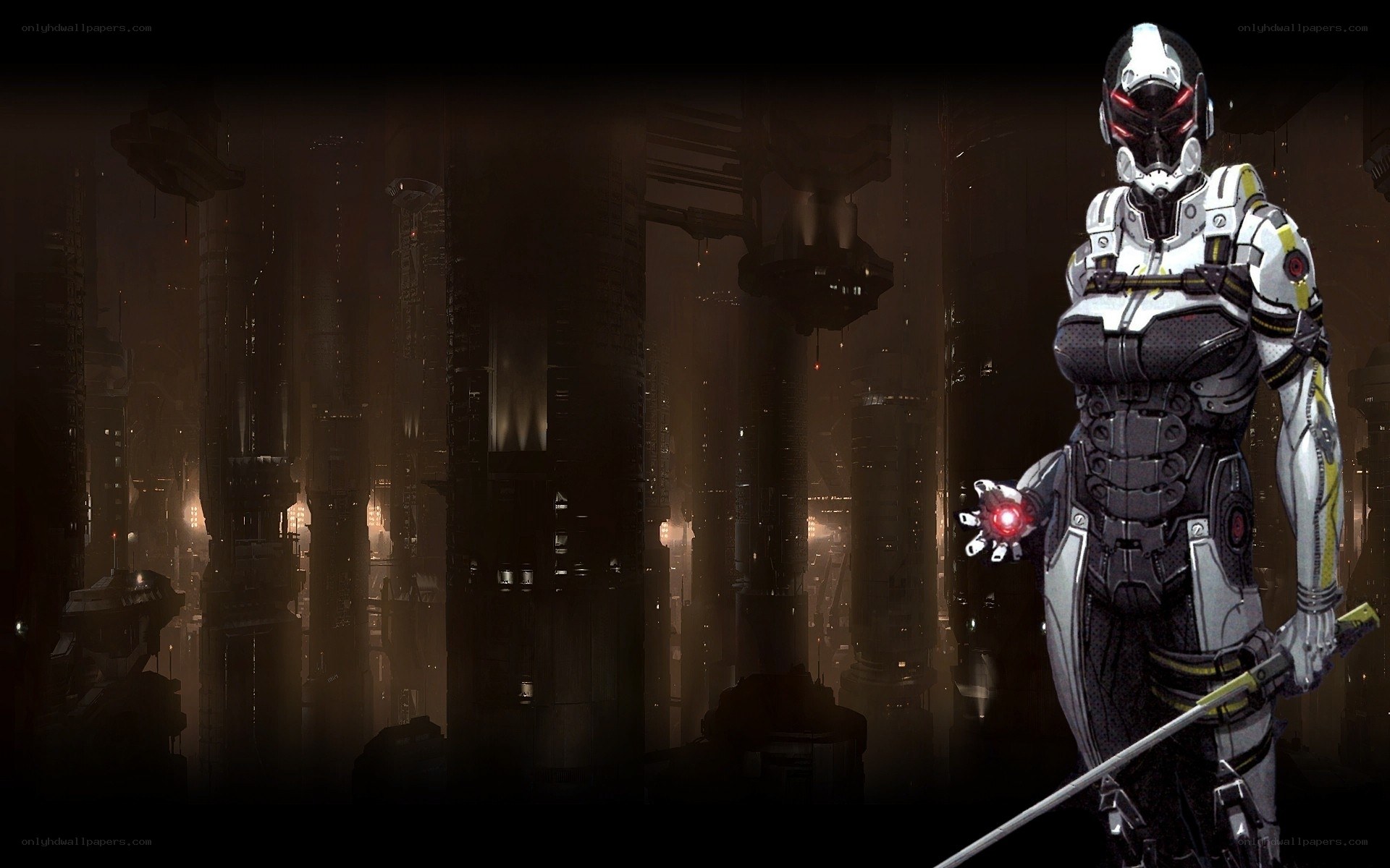 cybernetic warrior in futuristic city