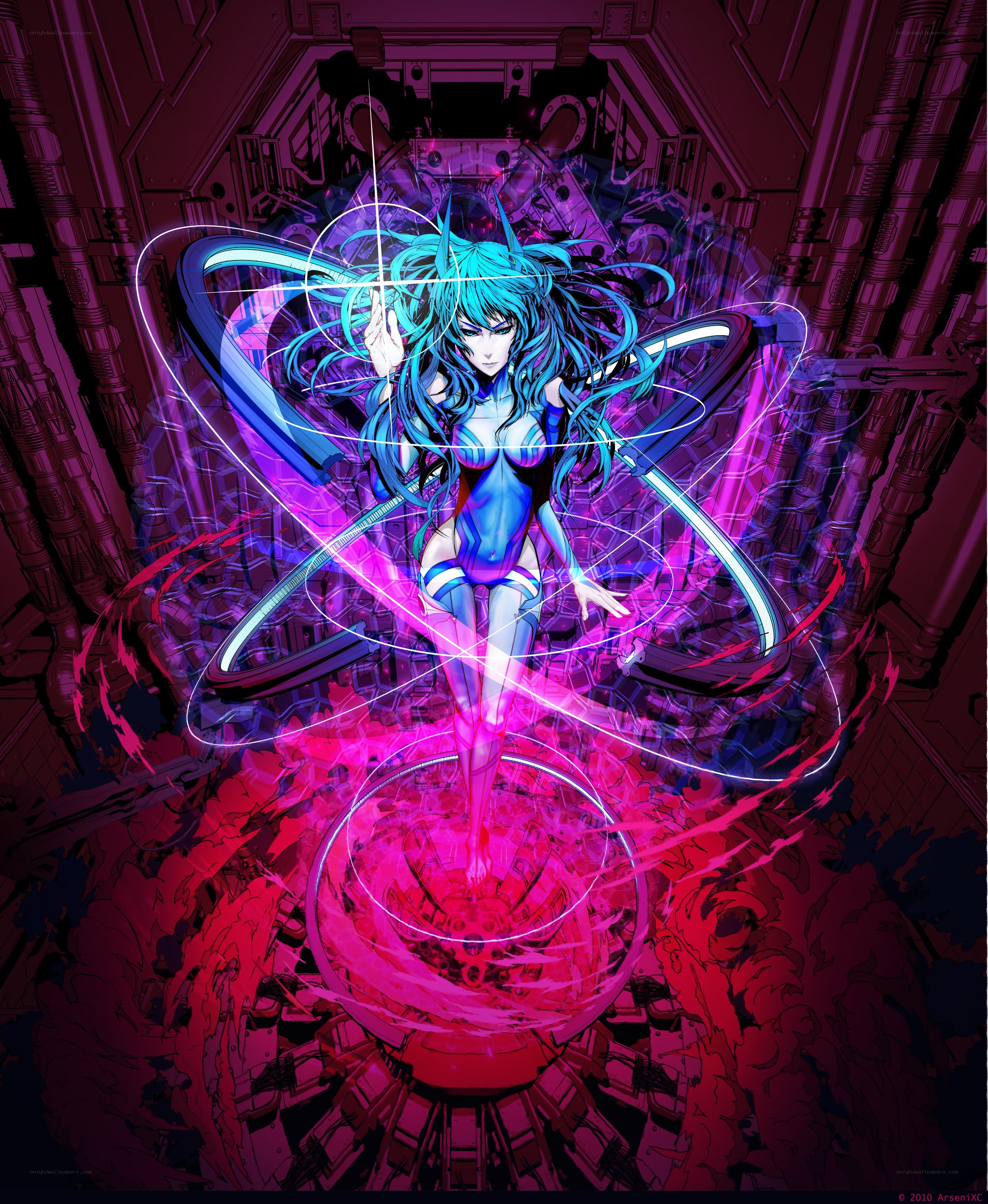 cybernetic warrior in neon chamber