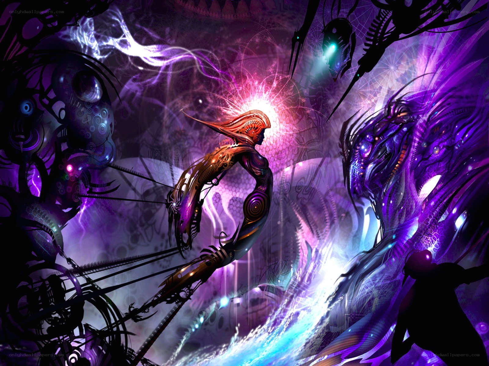 cybernetic warrior in purple realm