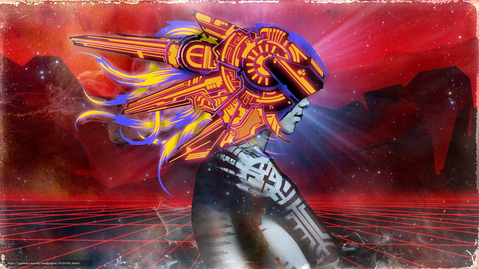 cybernetic warrior in red landscape