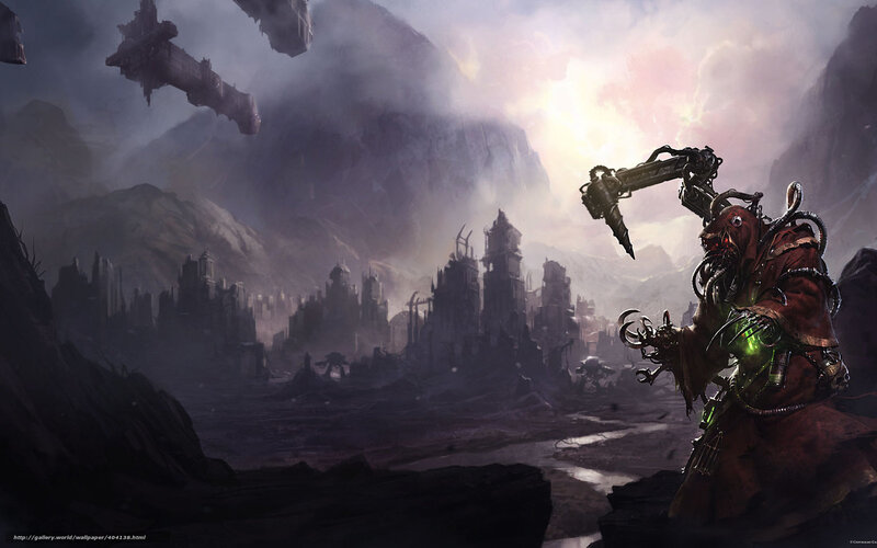 Cybernetic warrior overlooking a ruined city