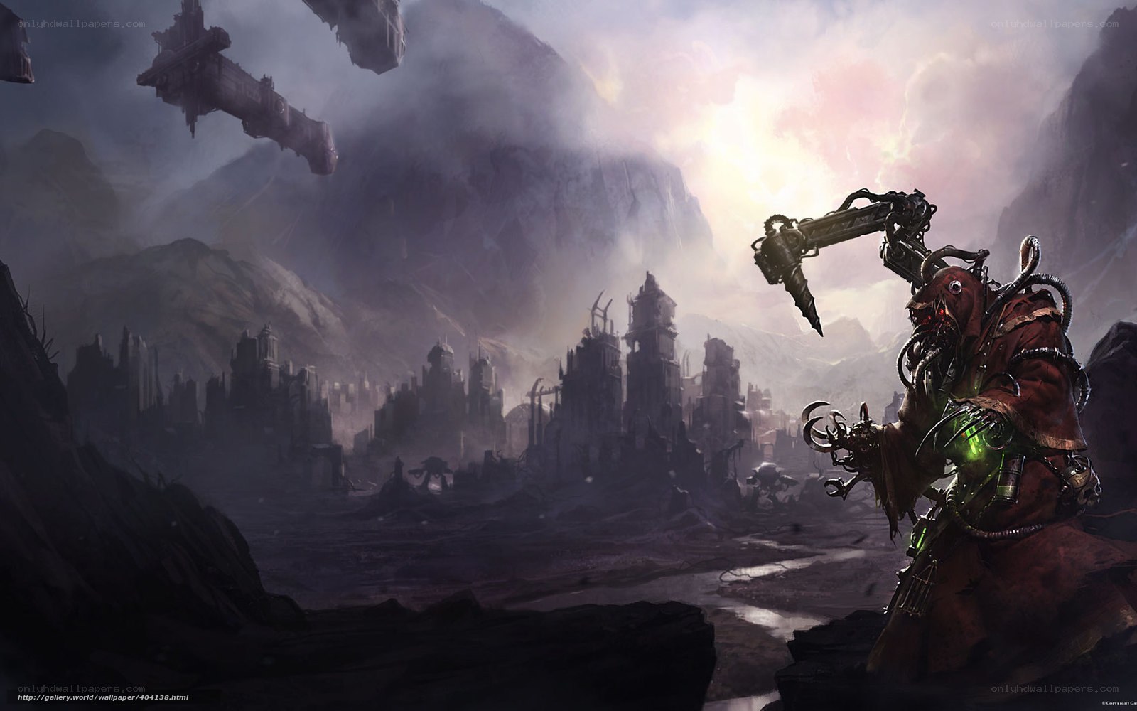 Cybernetic warrior overlooking a ruined city