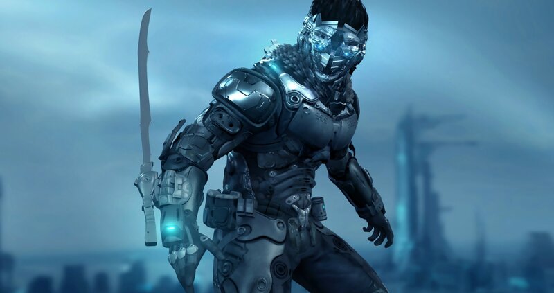 cybernetic warrior with sword