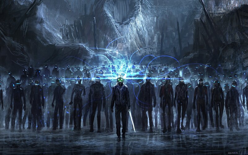 Cybernetic warriors in dark cavern