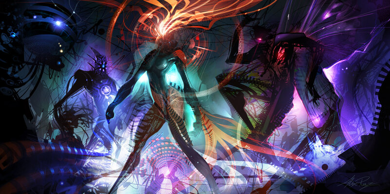 cybernetic warriors in neon chaos