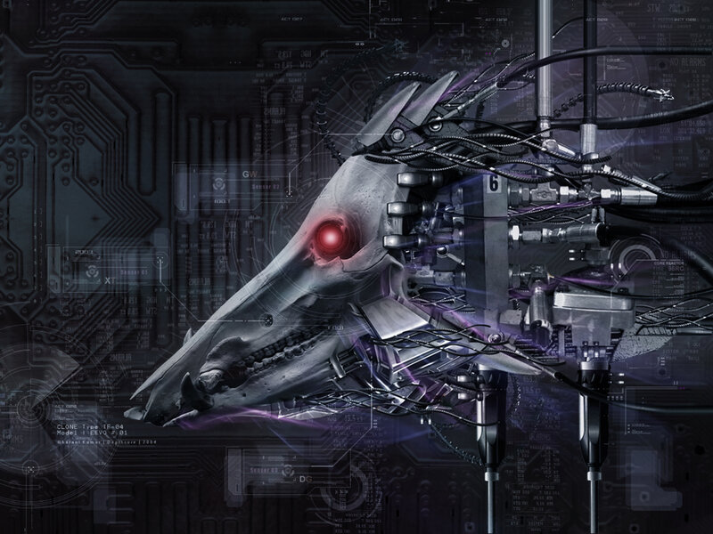 cybernetic wolf head