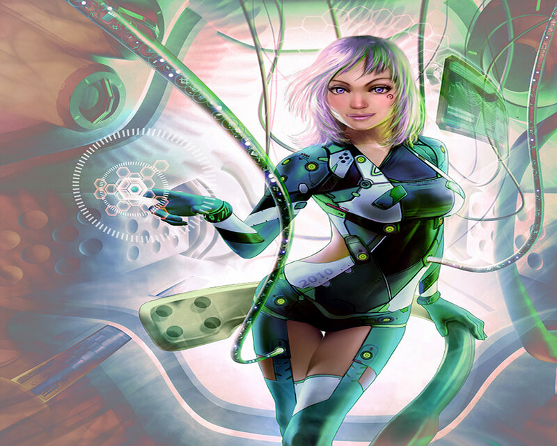 cybernetic woman in futuristic setting