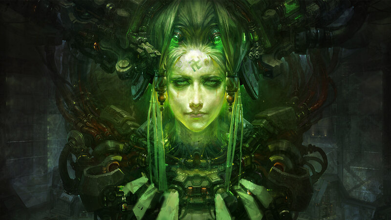cybernetic woman in green light