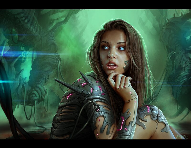 cybernetic woman in green light