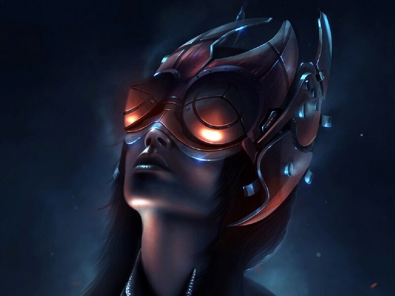 cybernetic woman in helmet