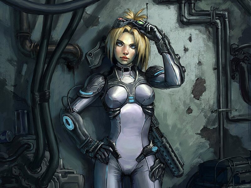 cybernetic woman in industrial setting