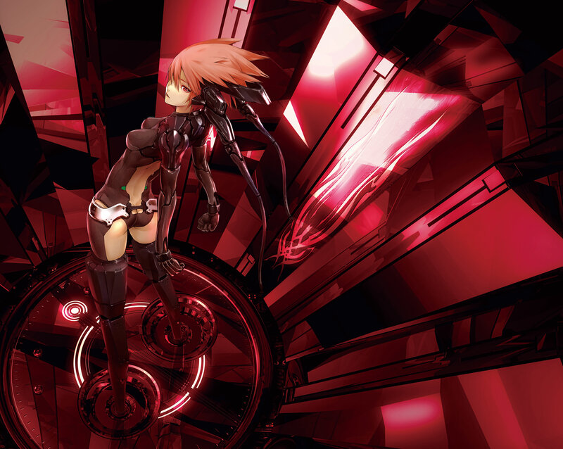 cybernetic woman in red chamber