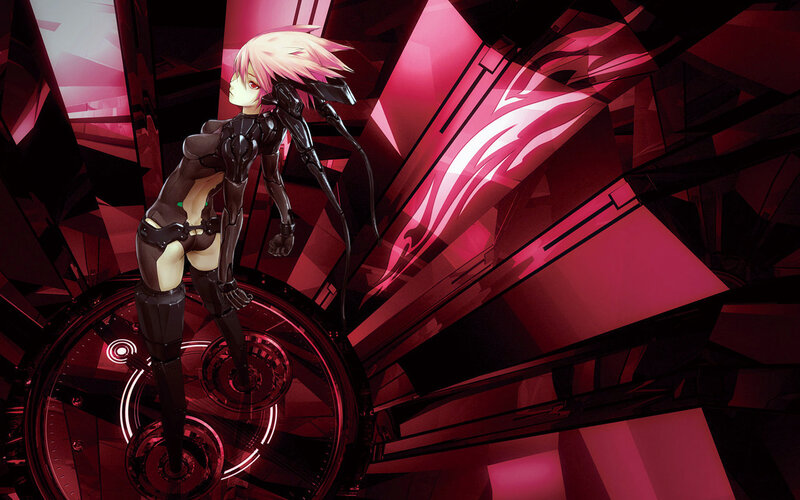 cybernetic woman in red chamber