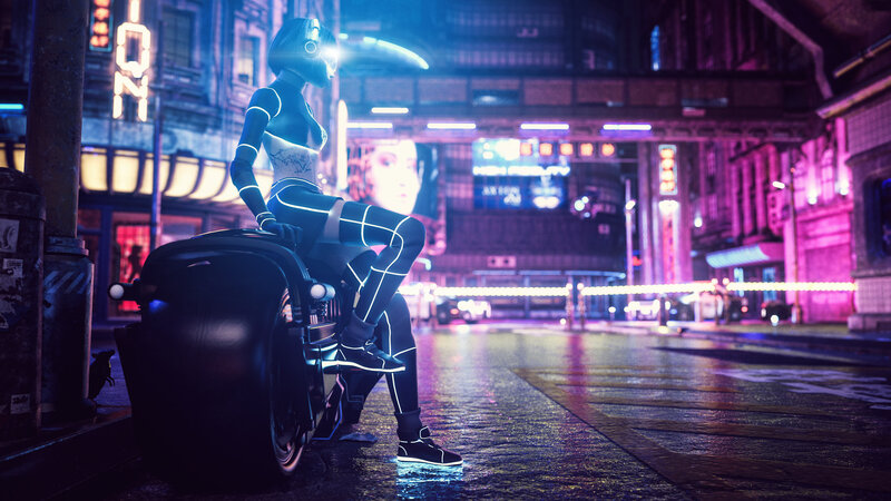 Cybernetic Woman on Motorcycle — Blue